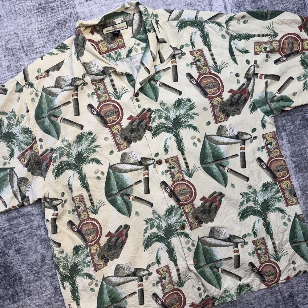 Tommy Bahama Shirt Mens XL Hawaiian AOP Cigars Straw Hats Tropical Silk Camp